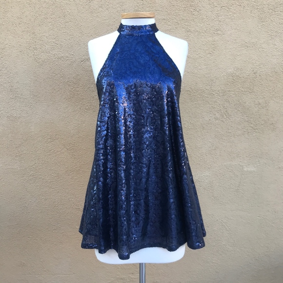 Flirty Blue Sequined Halter Mini Dress Small - Picture 1 of 8
